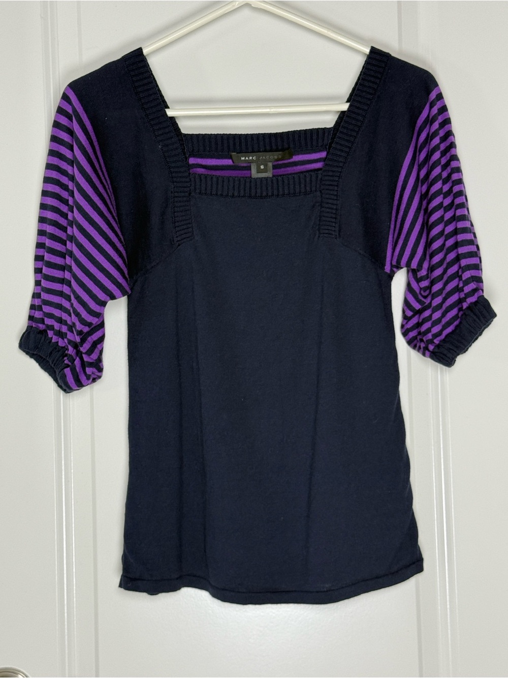 Marc Jacobs Navy Knit Top with Purple Striped Puff Sleeves